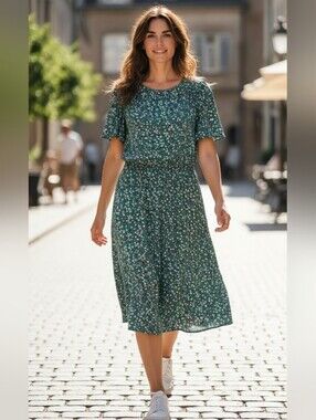 POPSUGAR Green Floral Print Dress W Green, Red & White Accents SZ M